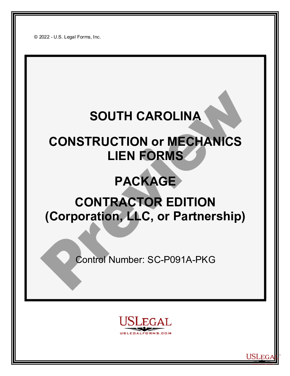 page 0 South Carolina Construction or Mechanics Lien Package - Corporation or LLC preview