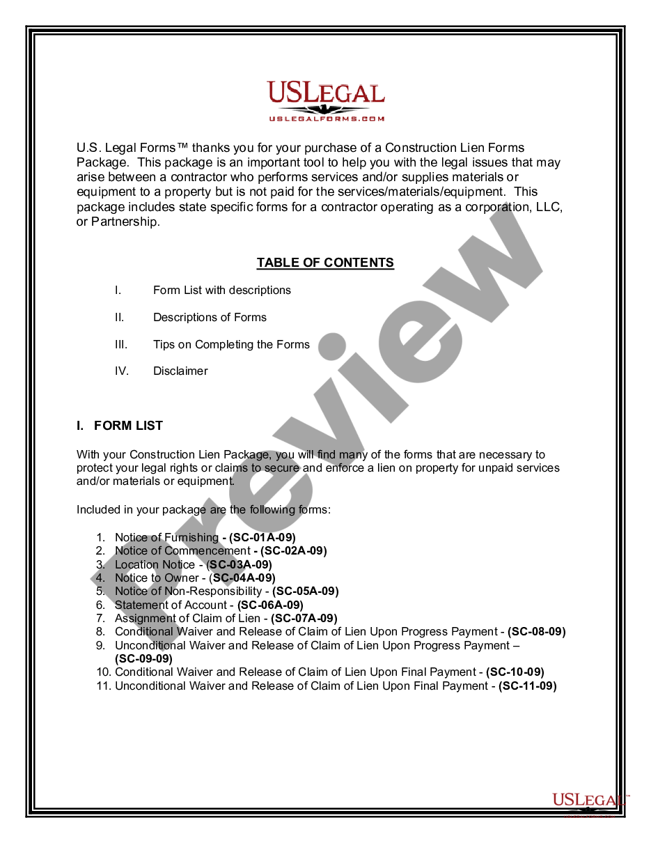 page 1 South Carolina Construction or Mechanics Lien Package - Corporation or LLC preview