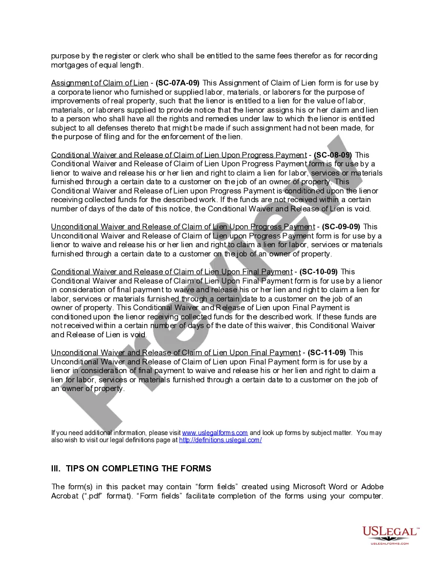 Preview South Carolina Construction or Mechanics Lien Package - Corporation or LLC