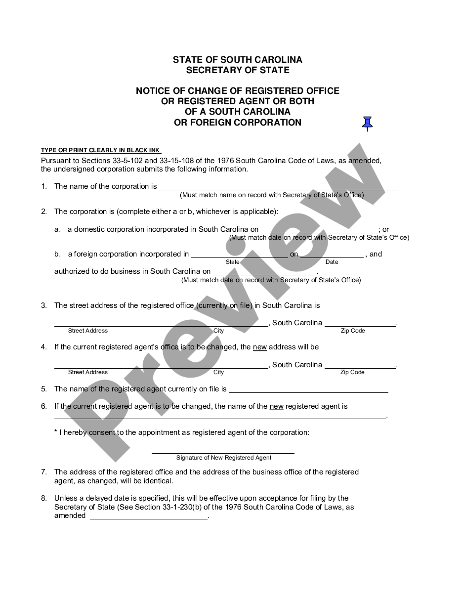 page 0 South Carolina Change of Registered Agent preview