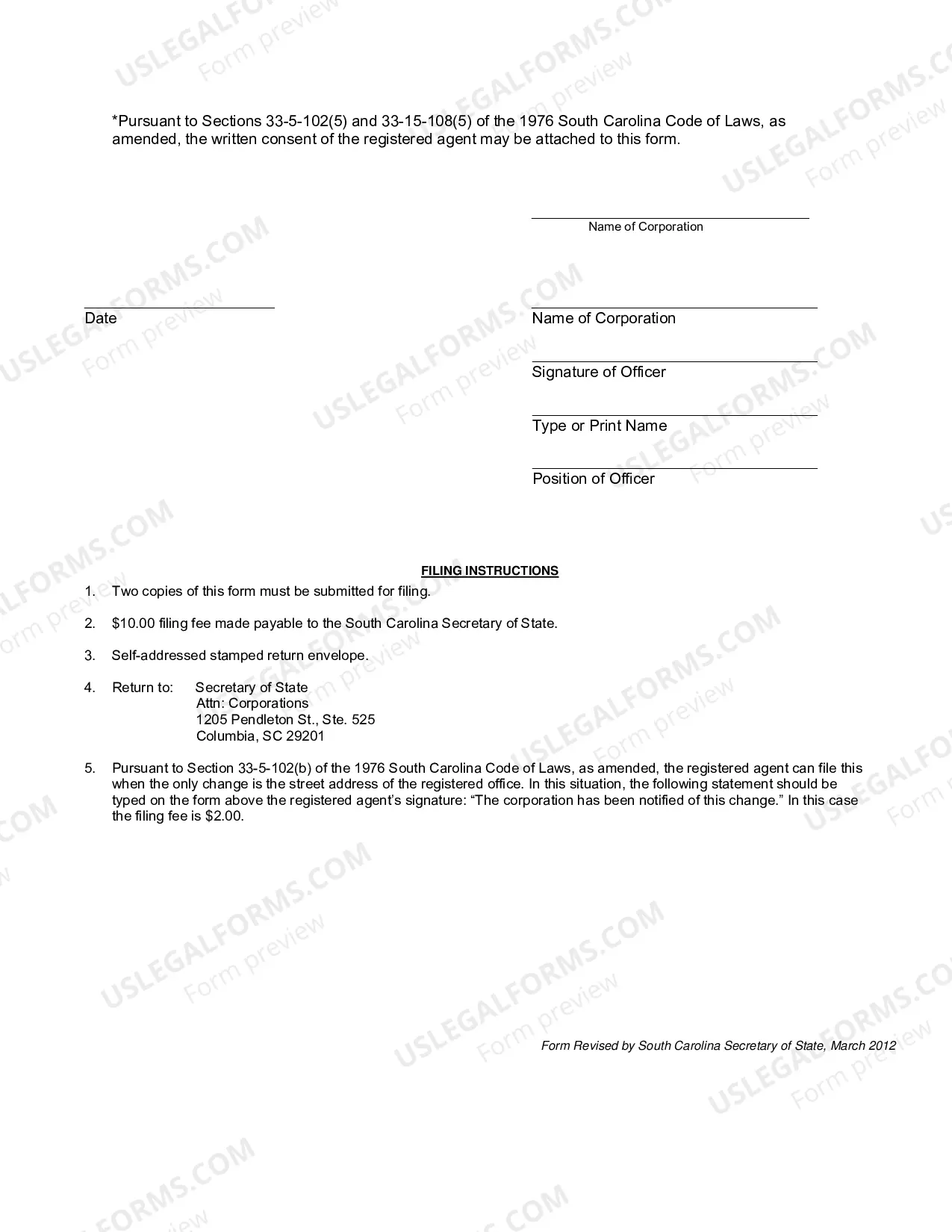 Preview South Carolina Change of Registered Agent