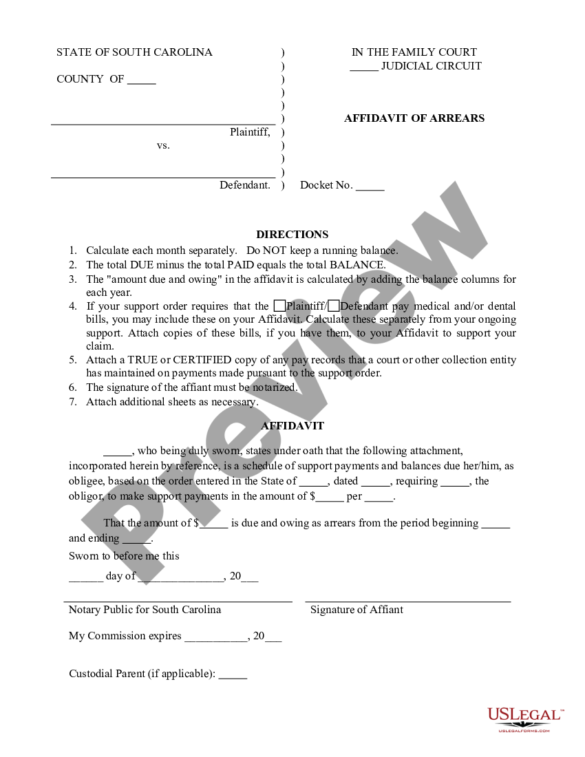 South Carolina Affidavit of Arrears | US Legal Forms