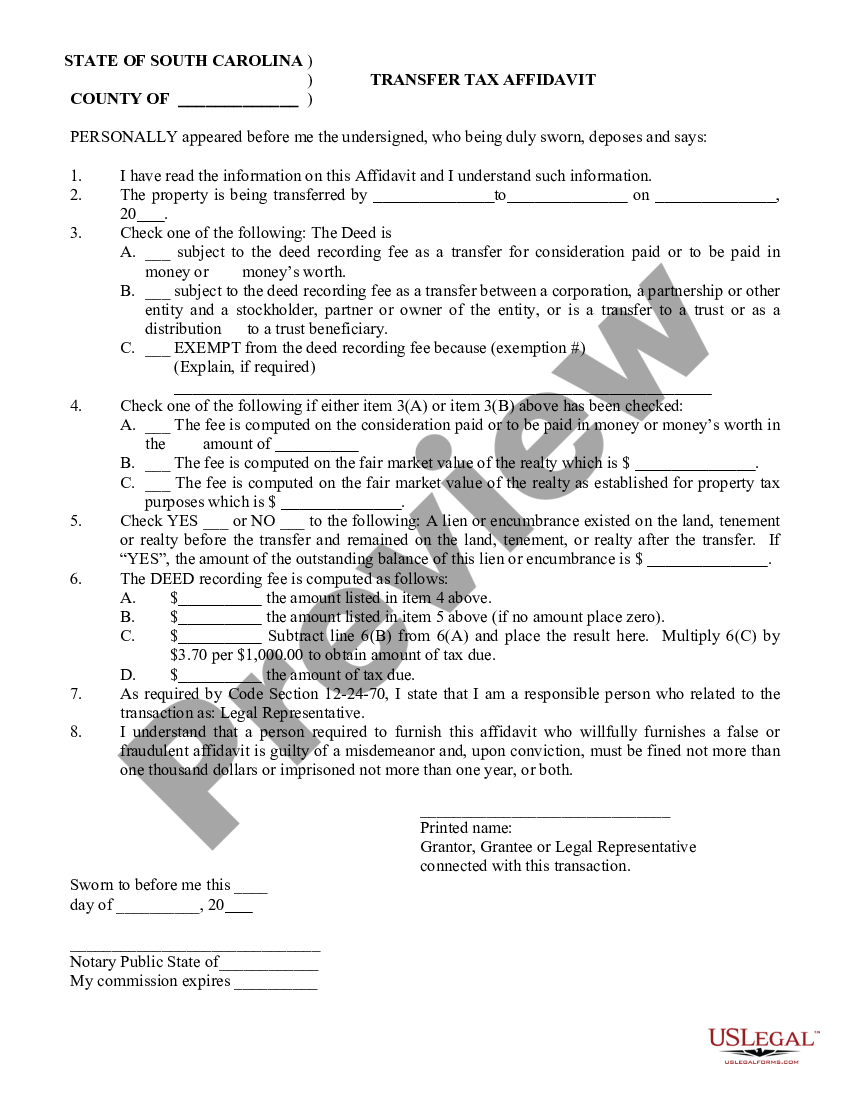 South Carolina Transfer Tax Affidavit Us Legal Forms