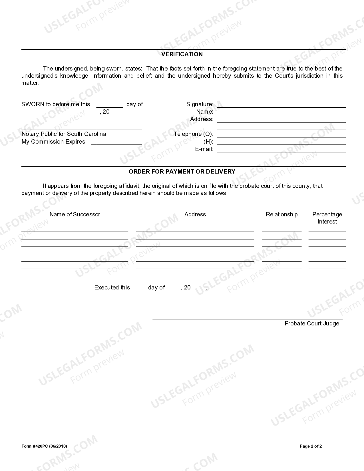 South Carolina Affidavit for Collection of Personal Property Pursuant ...
