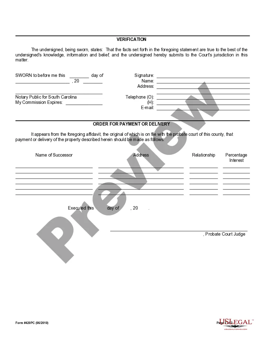 Preview Affidavit for Collection of Personal Property Pursuant to Small Estate Proceeding