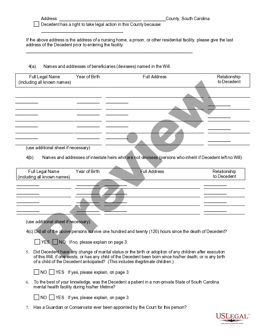 South Carolina Admitting a Will to Probate US Legal Forms
