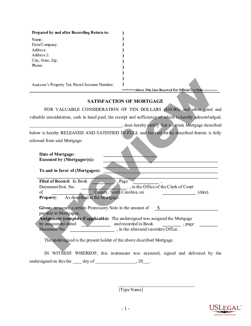 South Carolina Satisfaction of Mortgage by Lender - Individual Lender ...