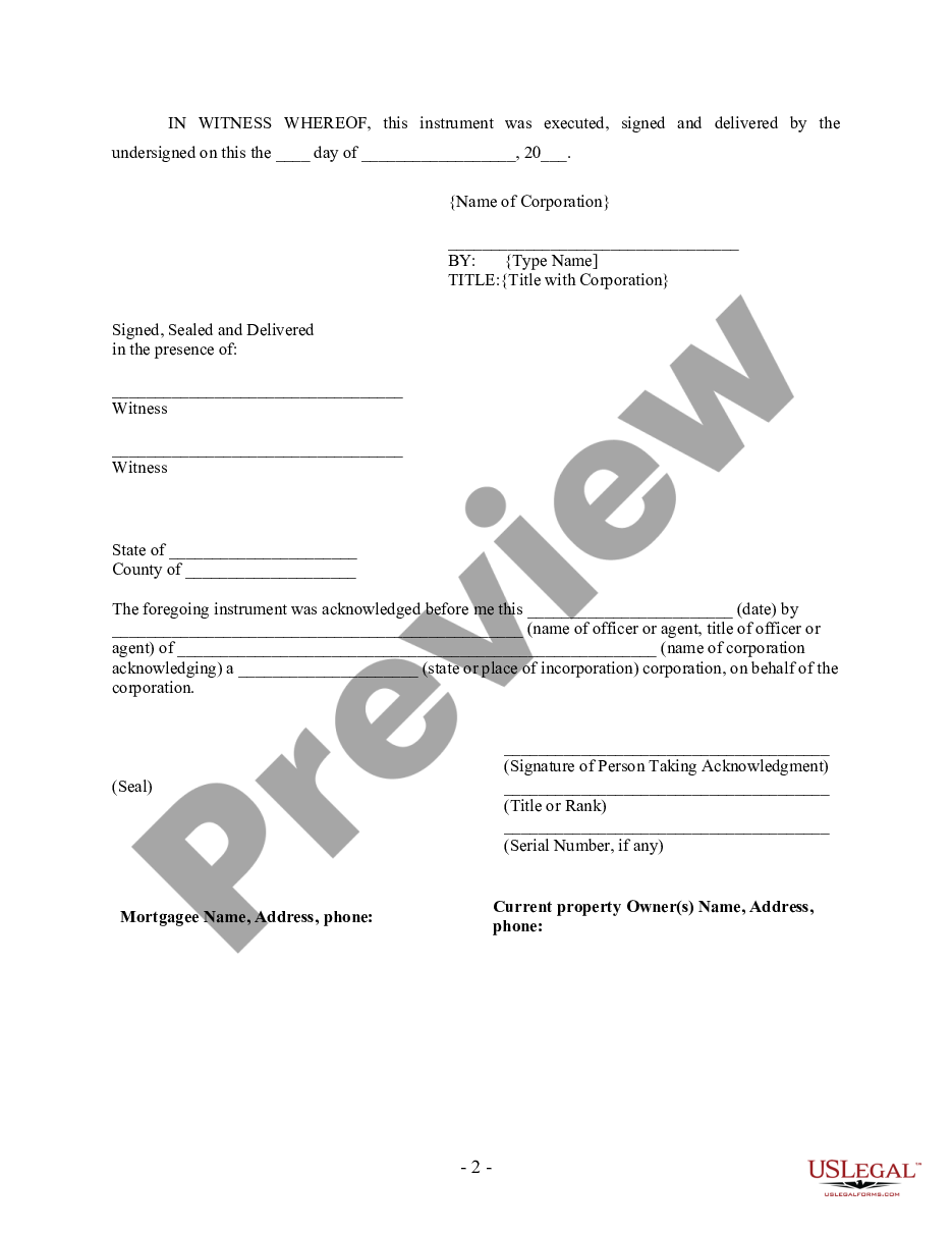 page 1 Satisfaction of Mortgage by Lender - by Corporate Lender preview