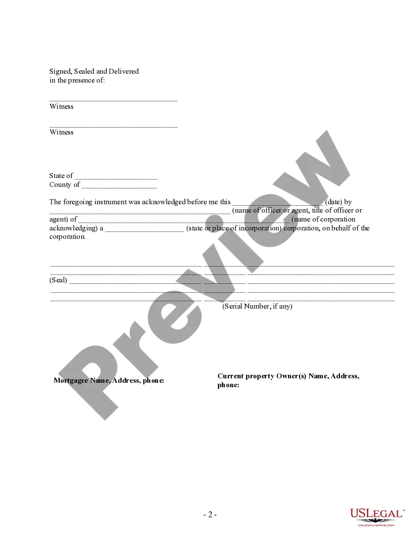 Preview Partial Release of Property From Mortgage for Corporation