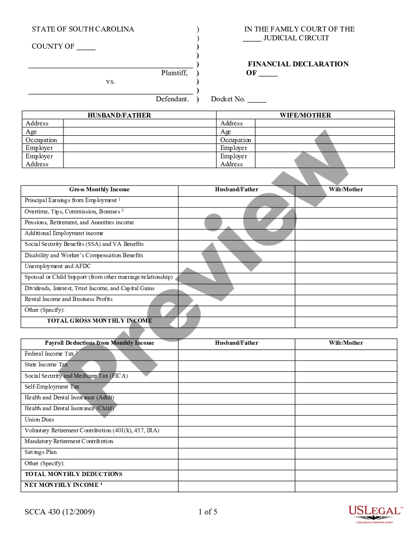 South Carolina Financial Declaration - Scca 430 | US Legal Forms