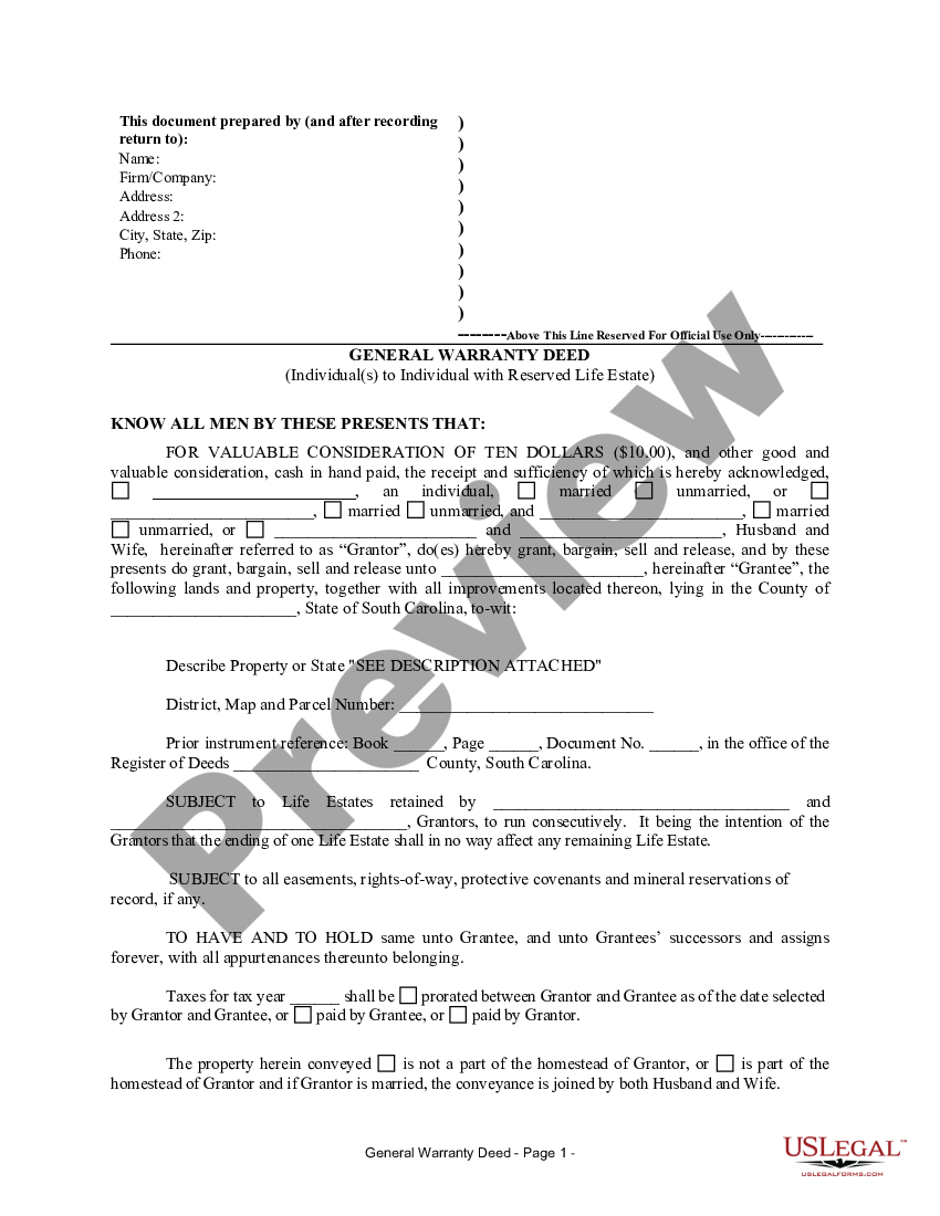 South Carolina Warranty Deed for Parents to Child with Reservation of ...