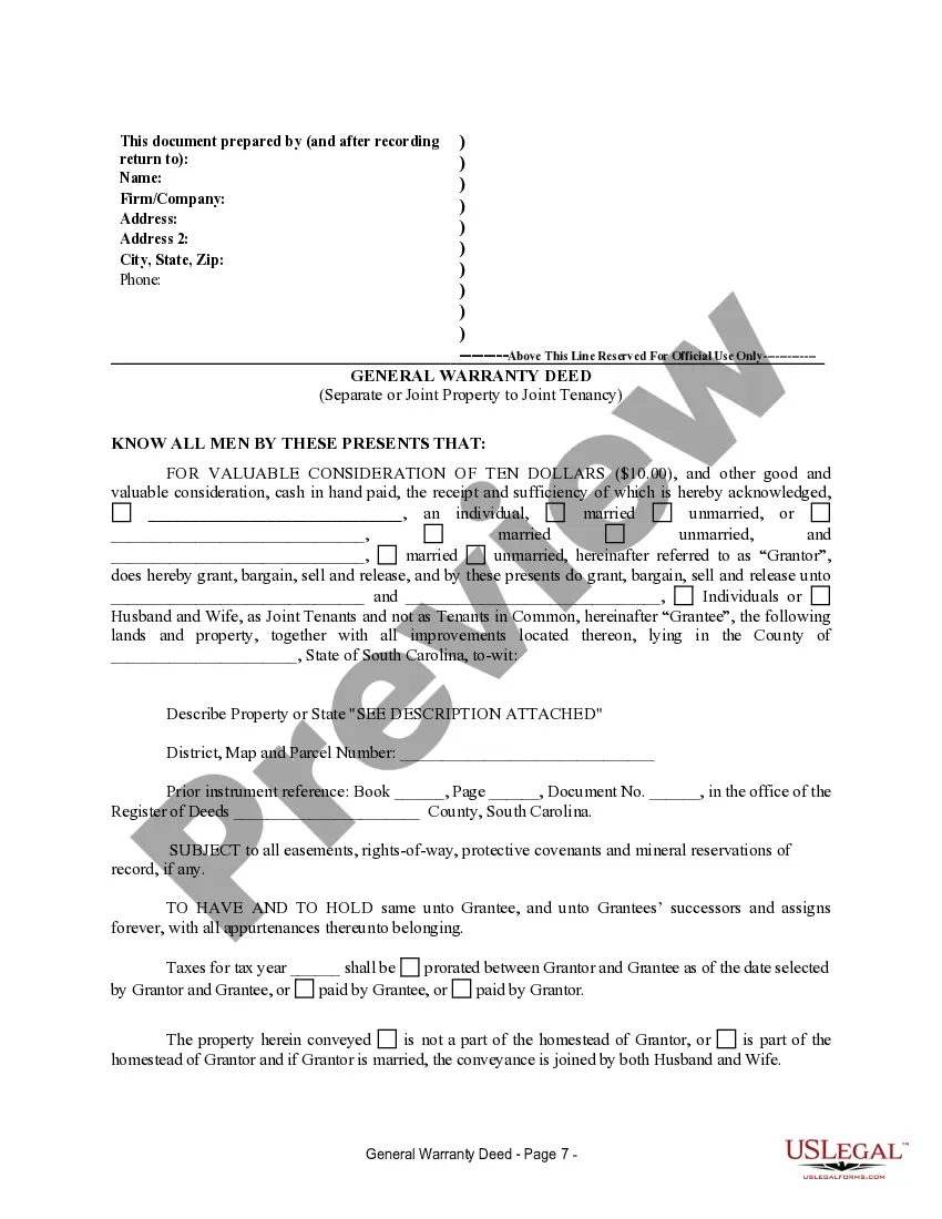Get Warranty Deed for Separate or Joint Property to Joint Tenancy Preview Warranty Deed for Separate or Joint Property to Joint Tenancy