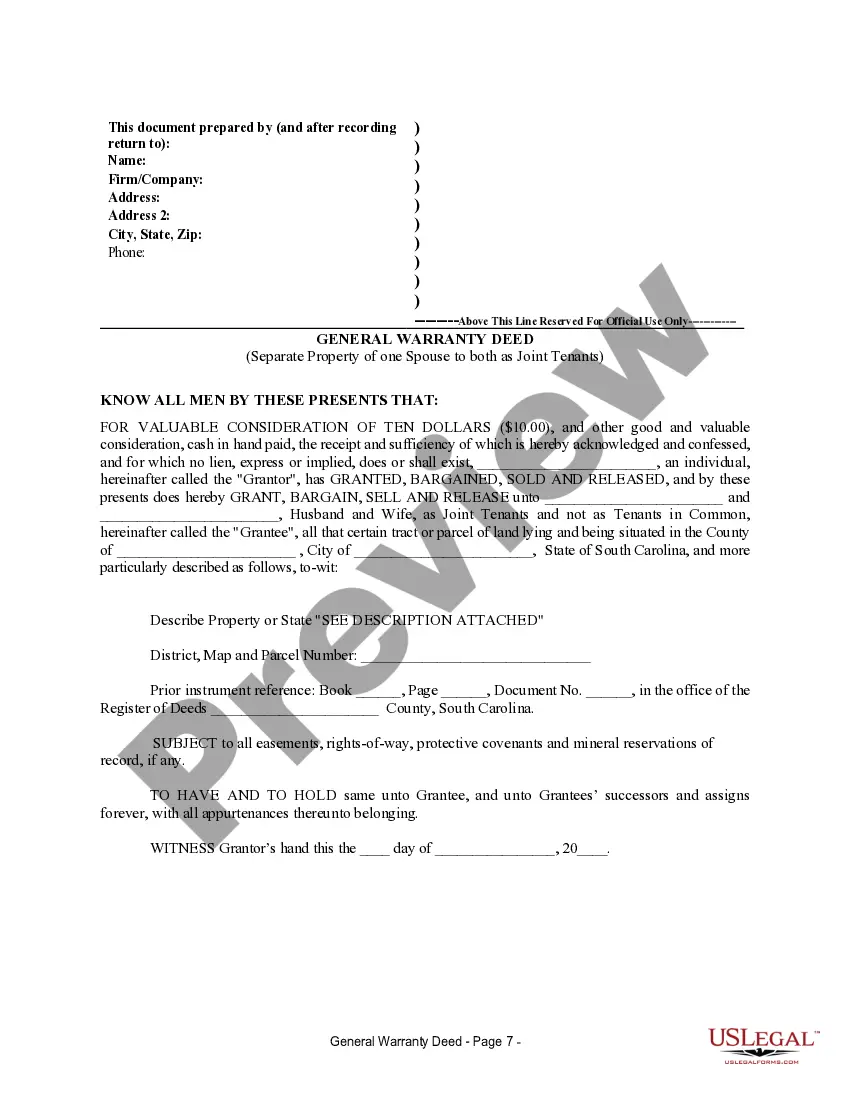 Preview Warranty Deed to Separate Property of One Spouse to Both Spouses as Joint Tenants