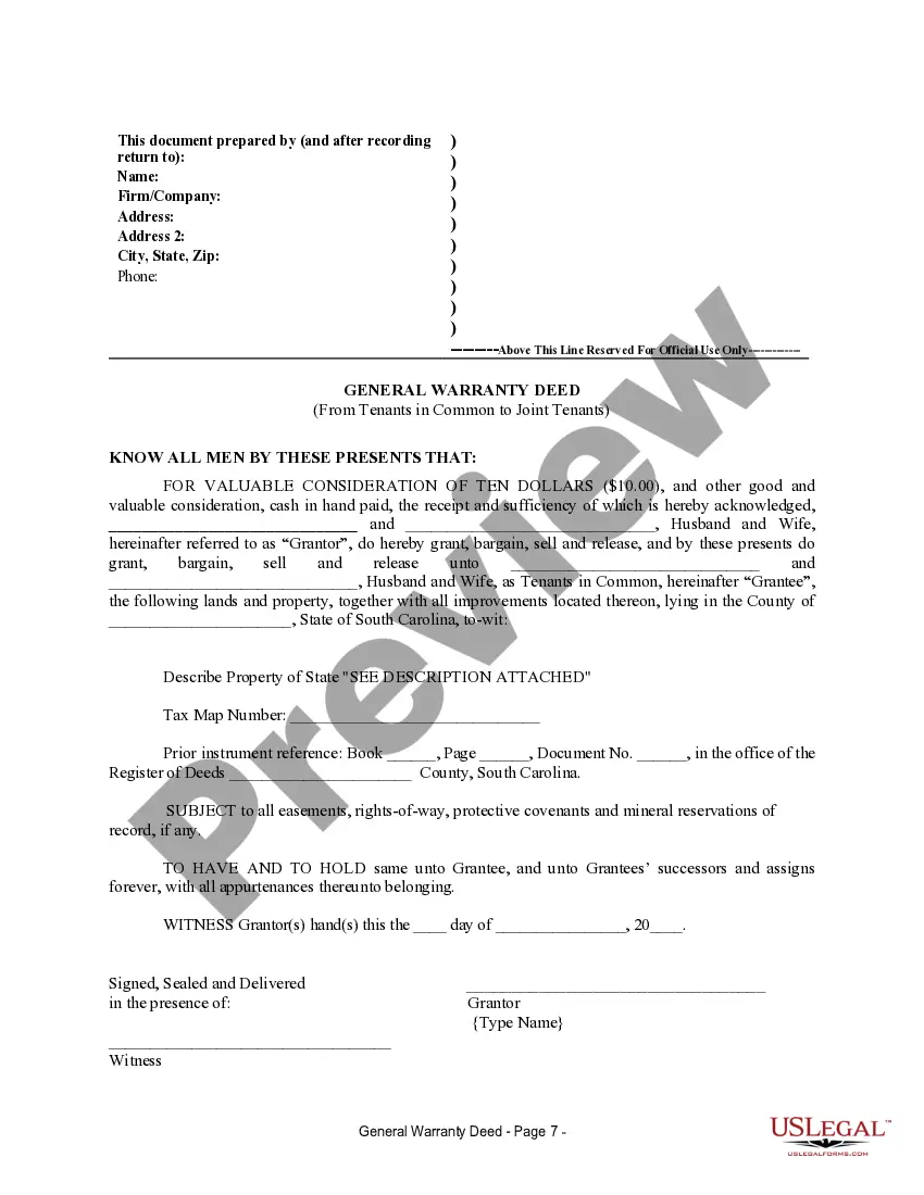 Preview General Warranty Deed for Husband and Wife from Joint Tenants to Tenants in Common