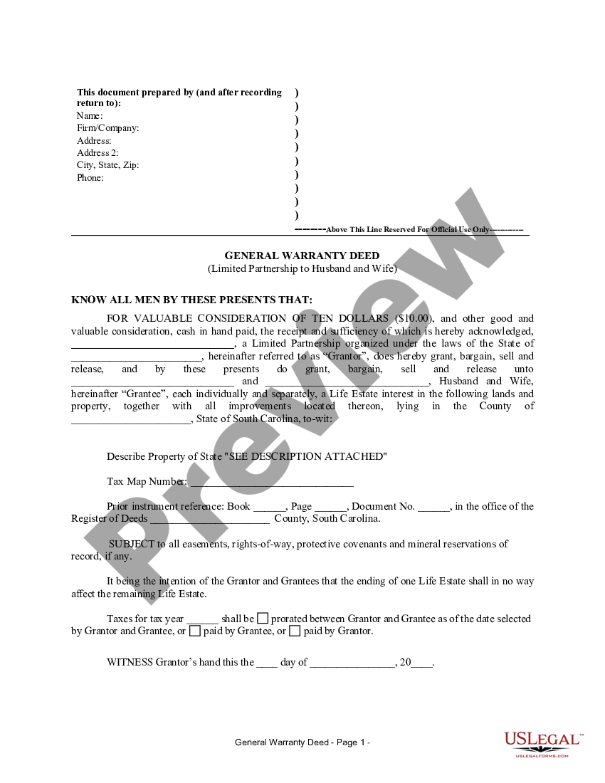 South Carolina General Warranty Deed from Limited Partnership to ...