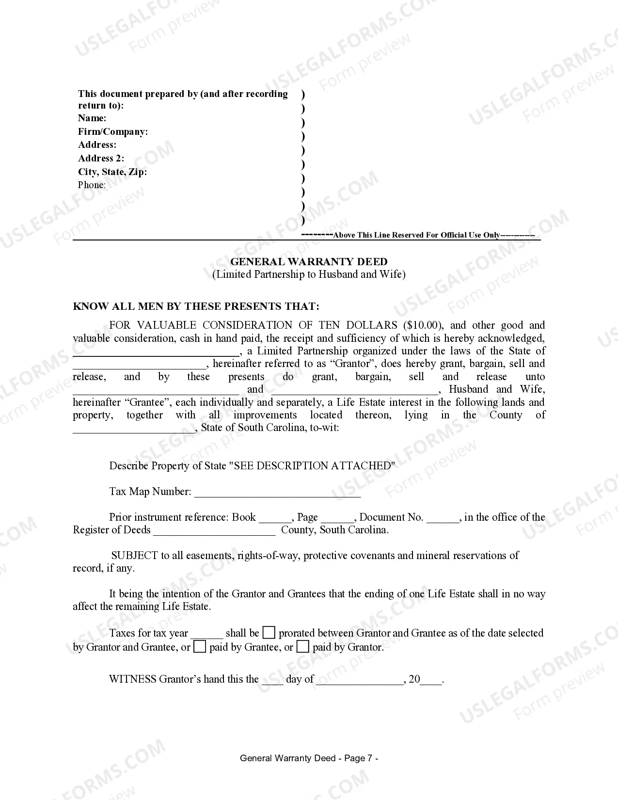 Preview General Warranty Deed from Limited Partnership to Husband and Wife