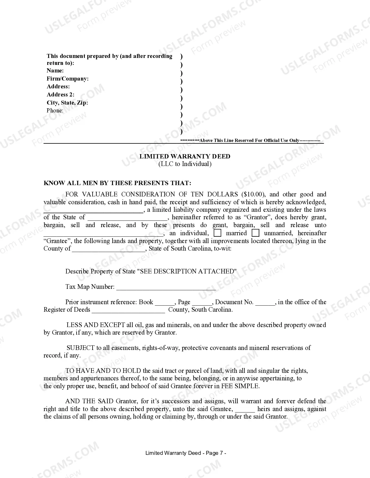 Preview Limited Warranty Deed - LLC to Individual