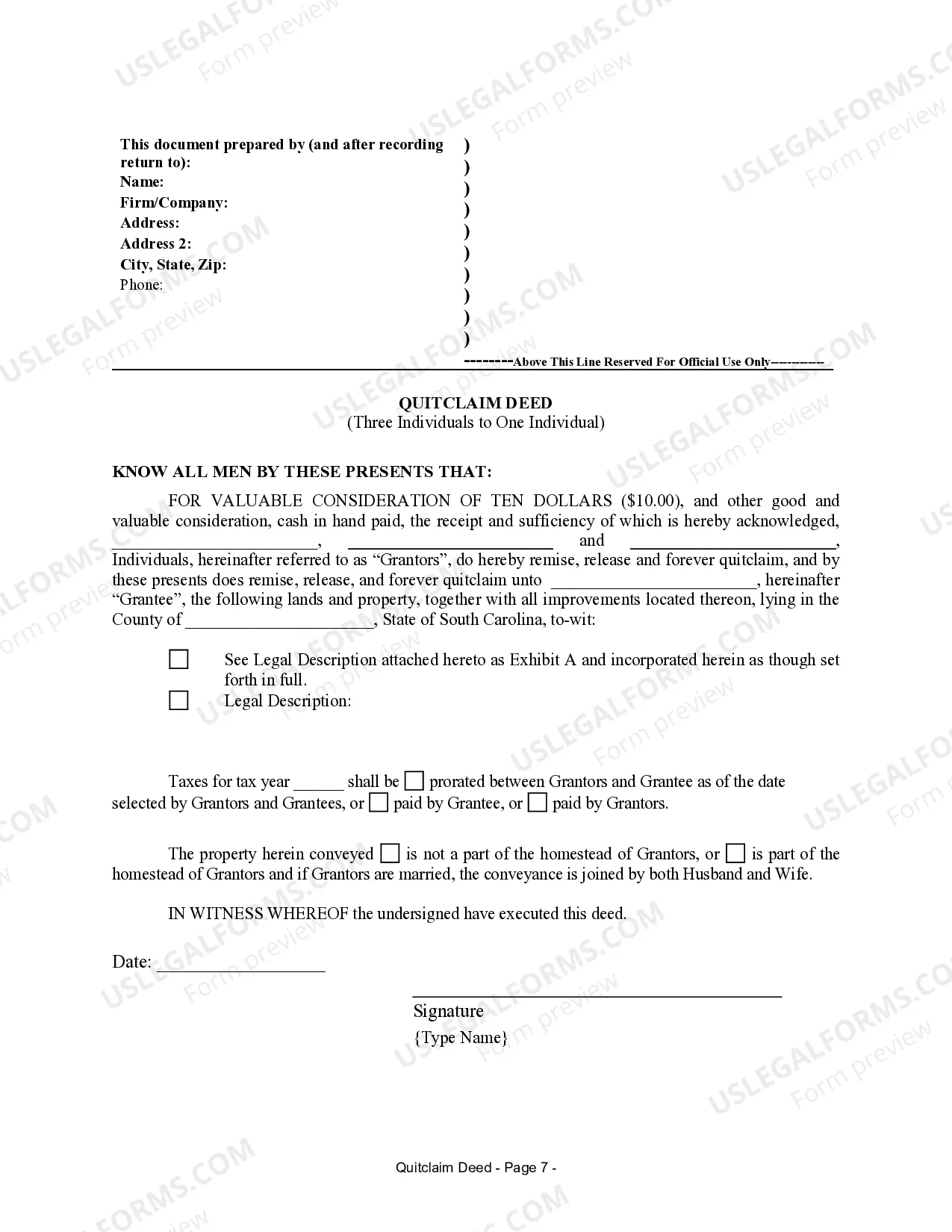 Preview Quitclaim Deed for Three Individuals to One Individual