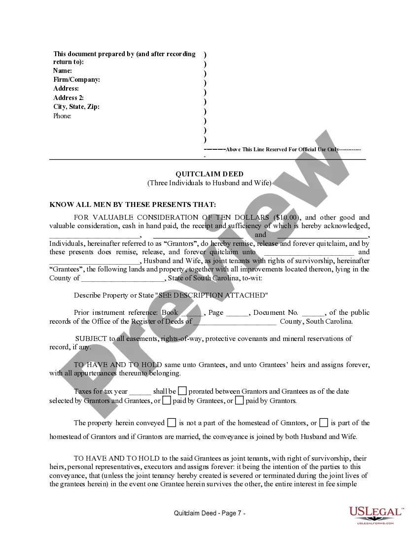 Preview Quitclaim Deed for Three Individuals to Husband and Wife