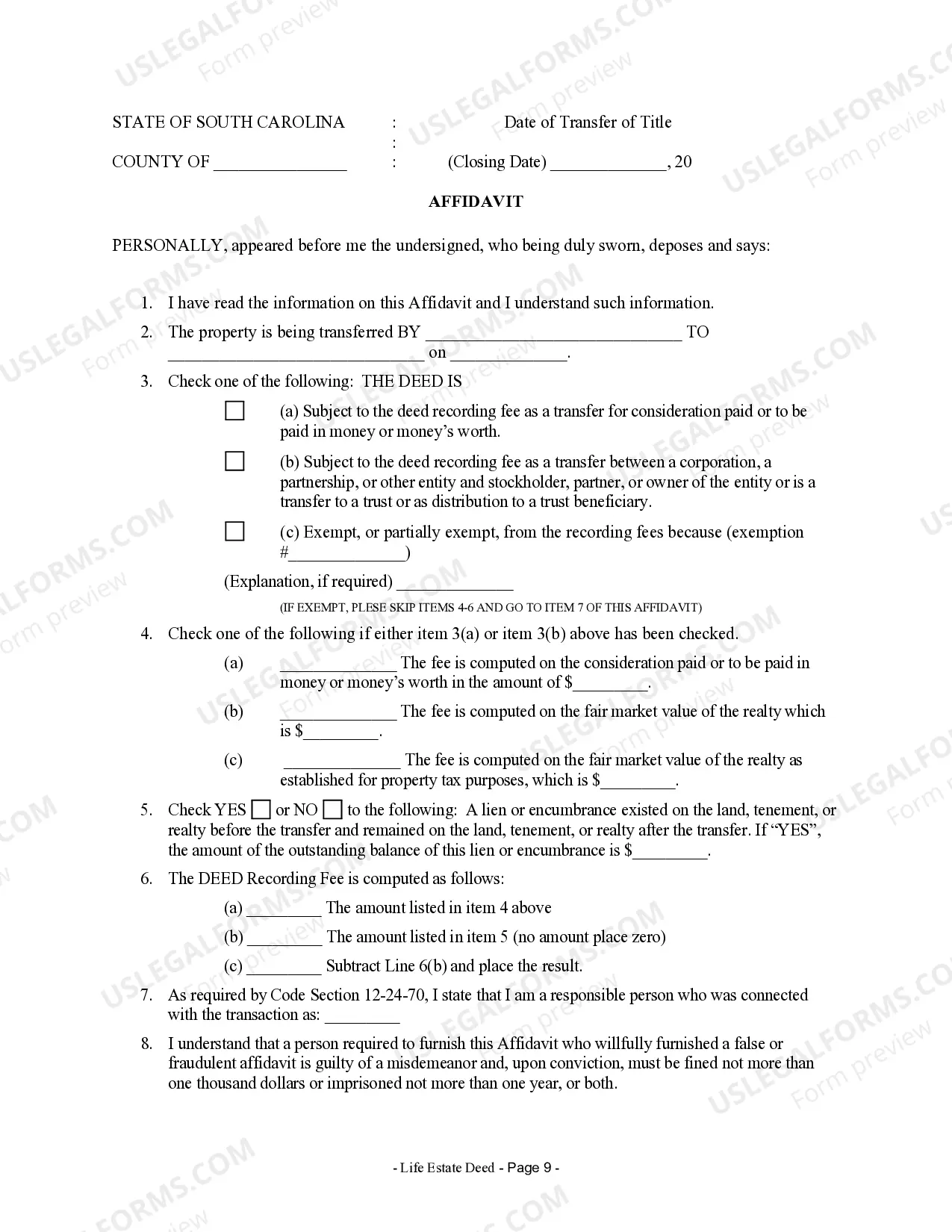 Preview Warranty Deed for Transfer of Life Estate
