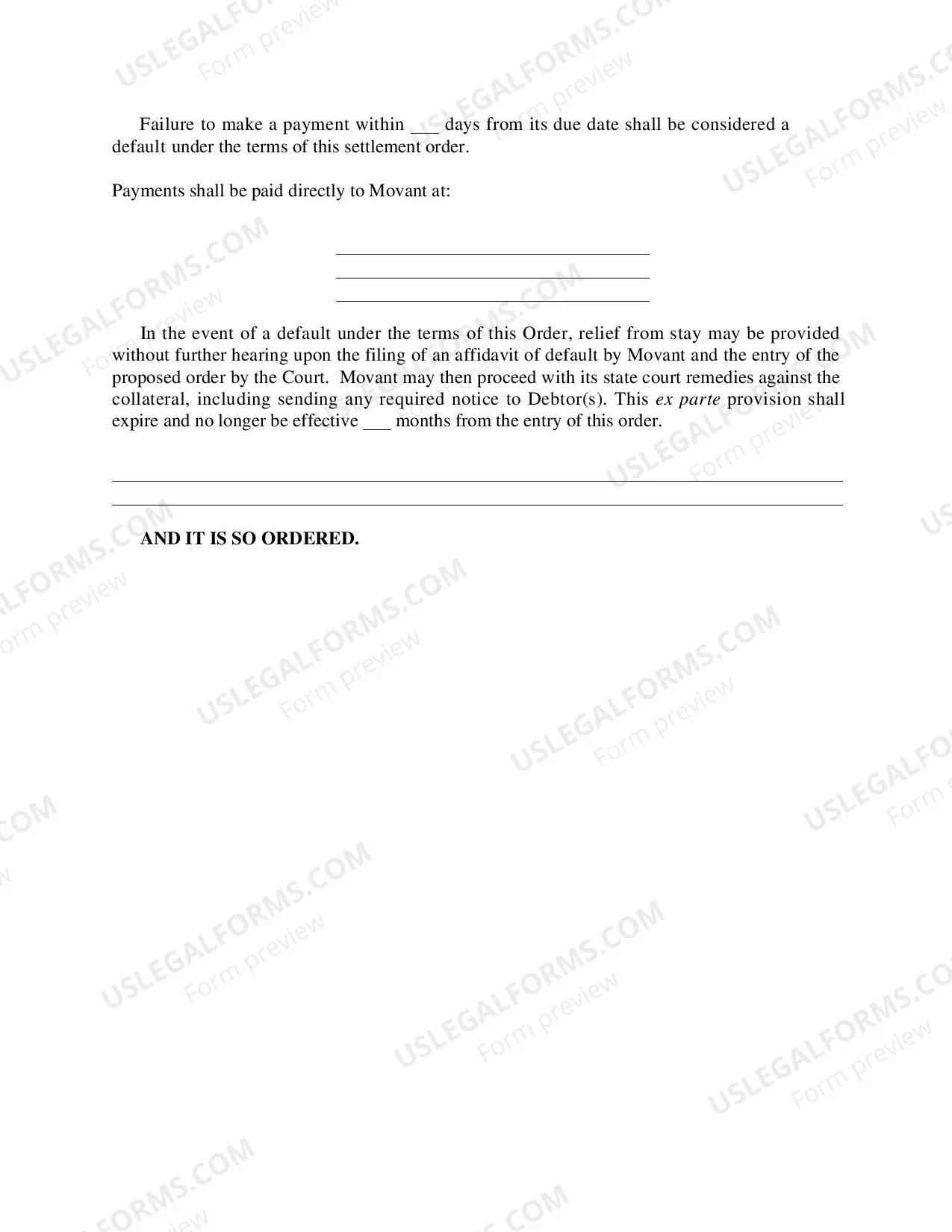 Preview Settlement Order on Motion for Relief From Stay