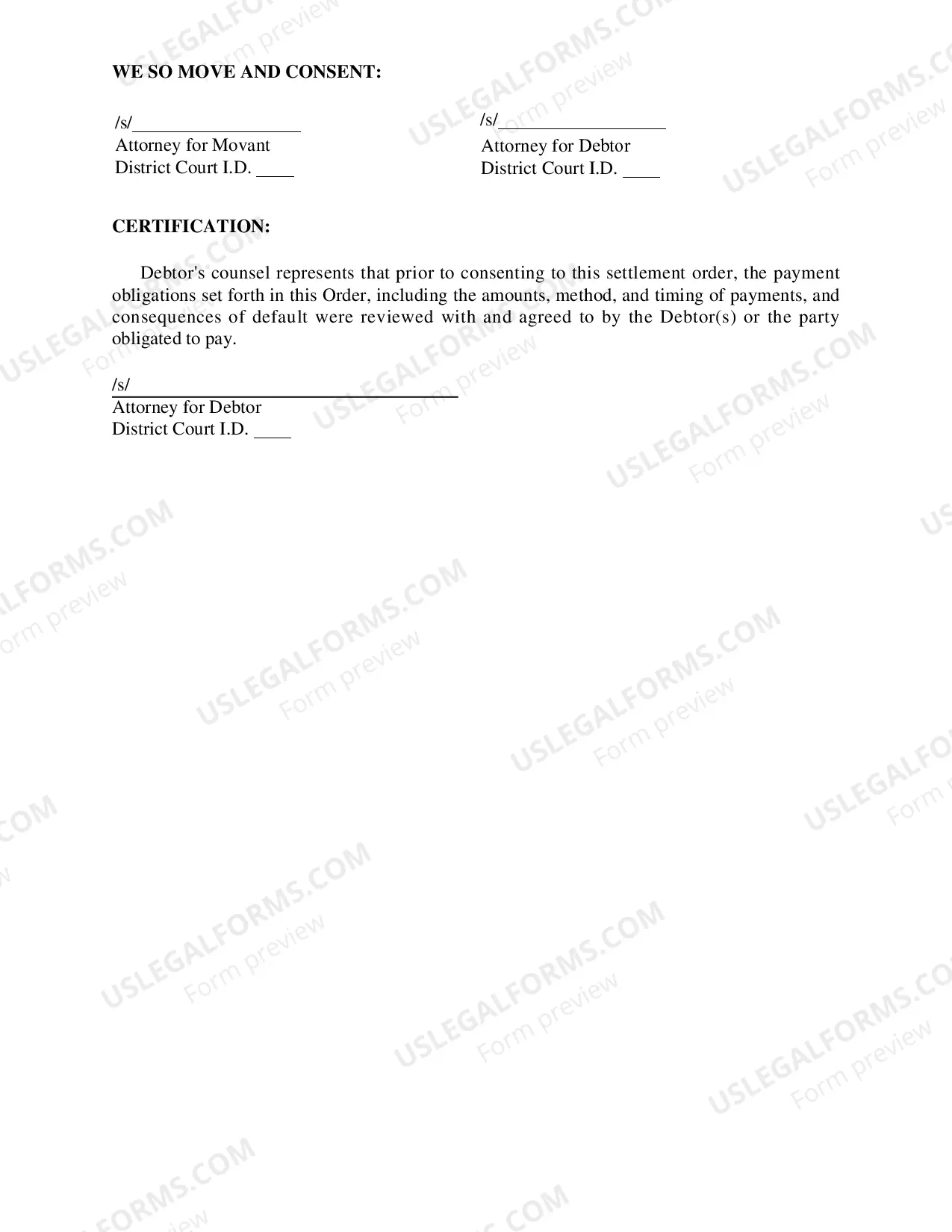 Preview Settlement Order on Motion for Relief From Stay