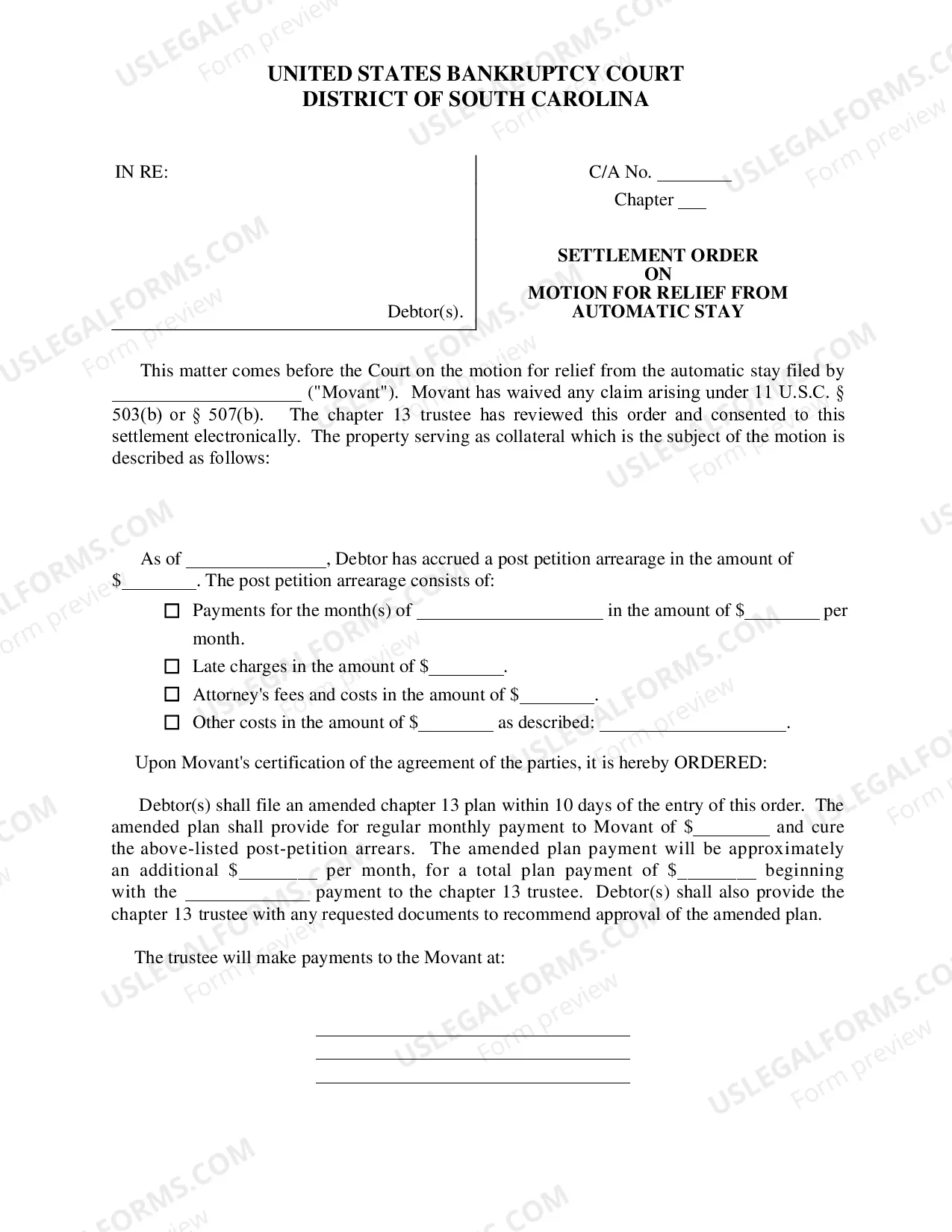 Preview Settlement Order (Conduit) on Motion for Relief From Stay
