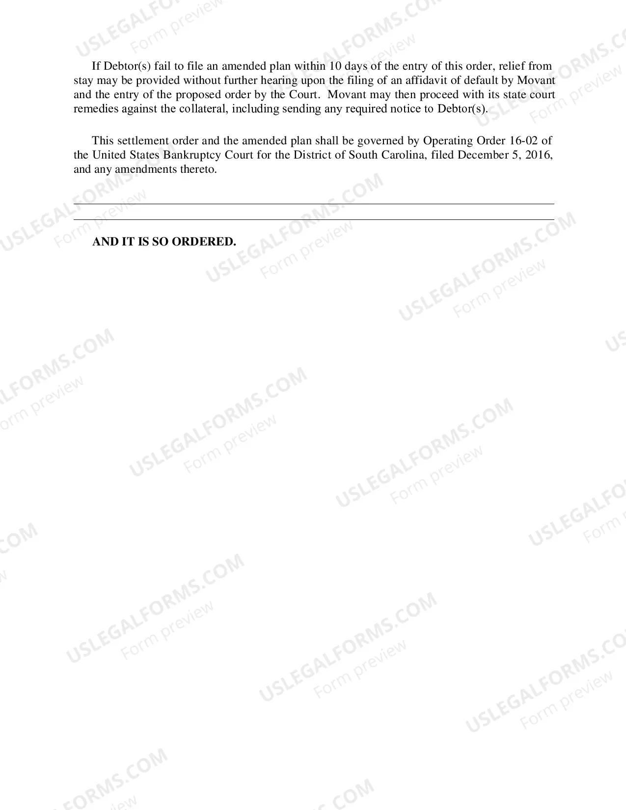 Preview Settlement Order (Conduit) on Motion for Relief From Stay