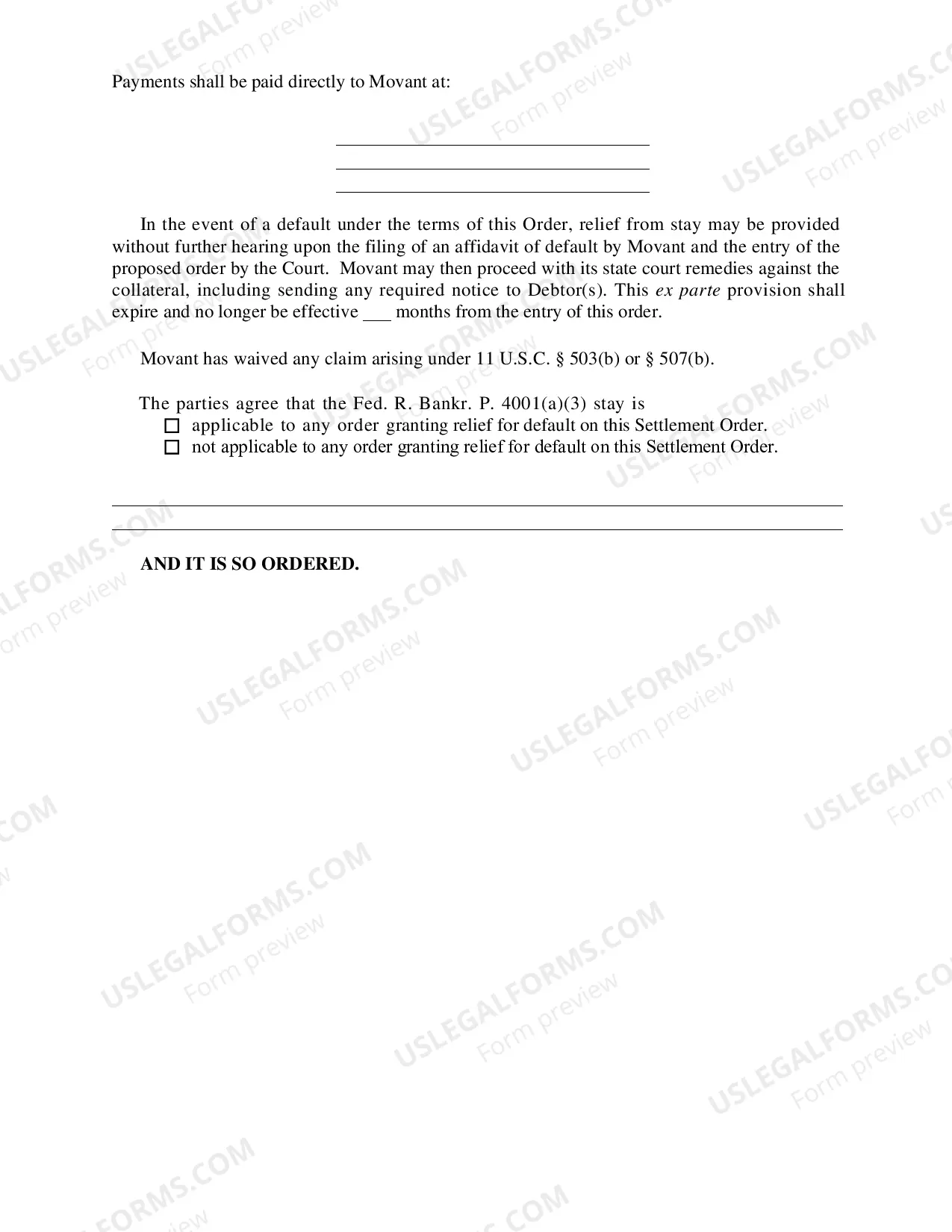 Preview Settlement Order on Motion for Relief From Stay