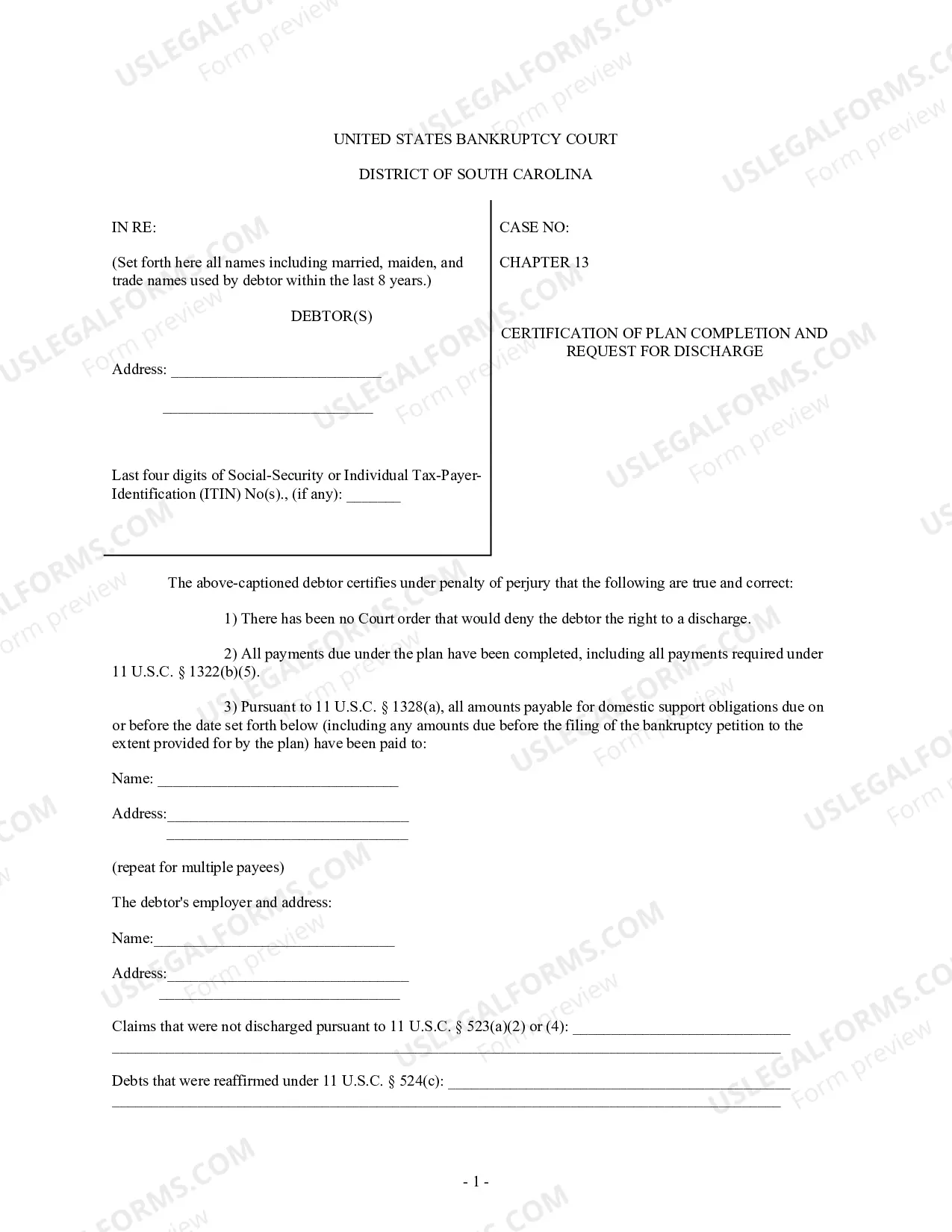 Preview Certification of Plan Completion and Request for Discharge (Chapter 13)