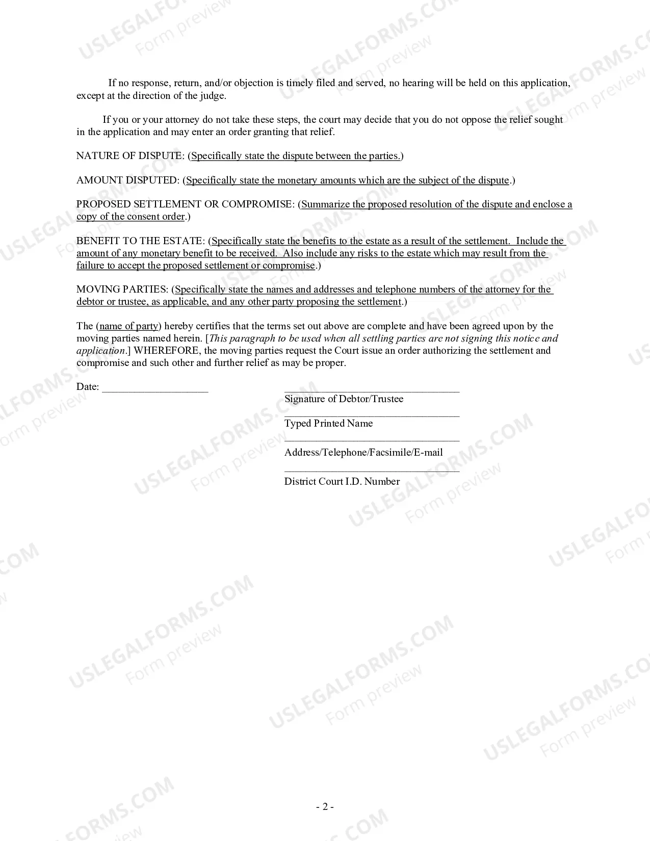 Preview Hearing Notice (Application for Settlement and Compromise)