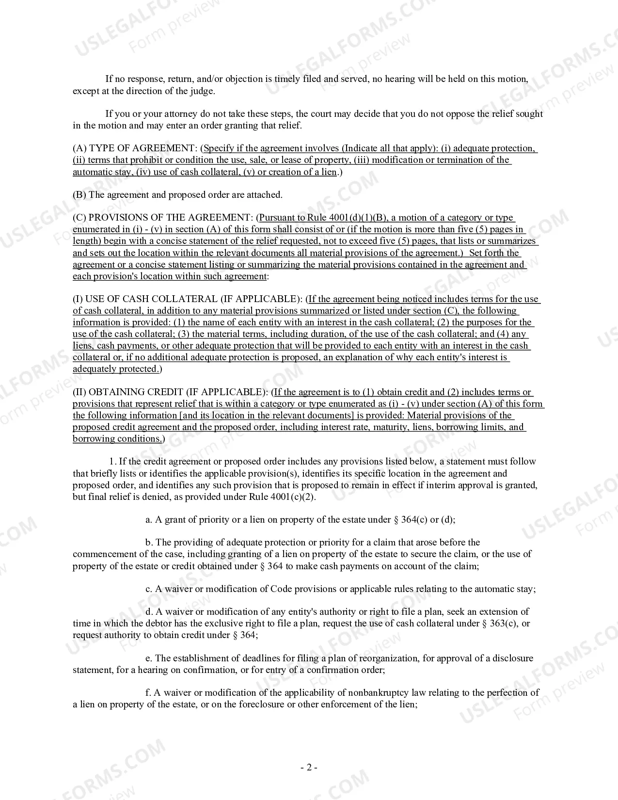 Preview Hearing Notice (Motion Pursuant to Federal Rule of Bankruptcy Procedure 4001(d))