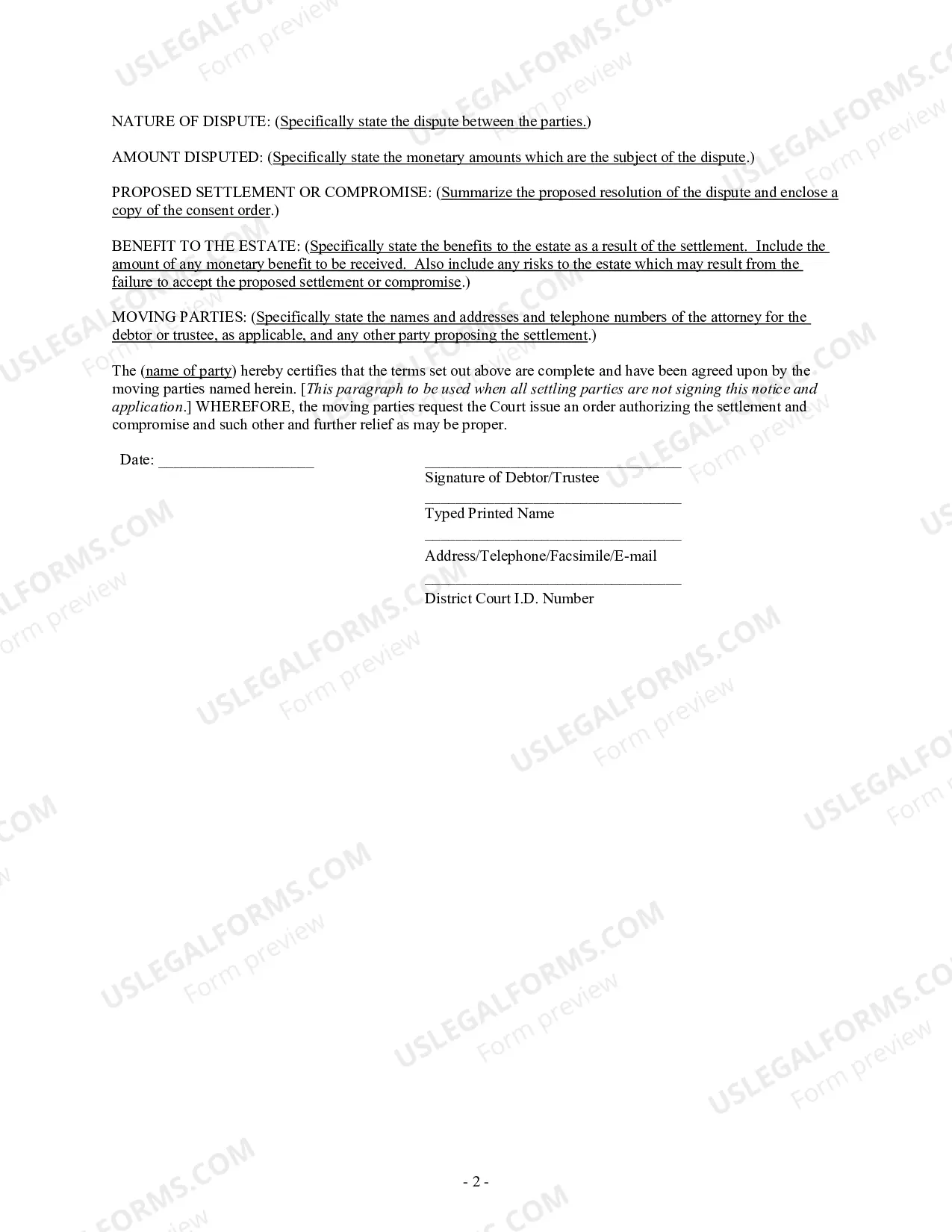 Preview Hearing Notice (Application for Settlement and Compromise)