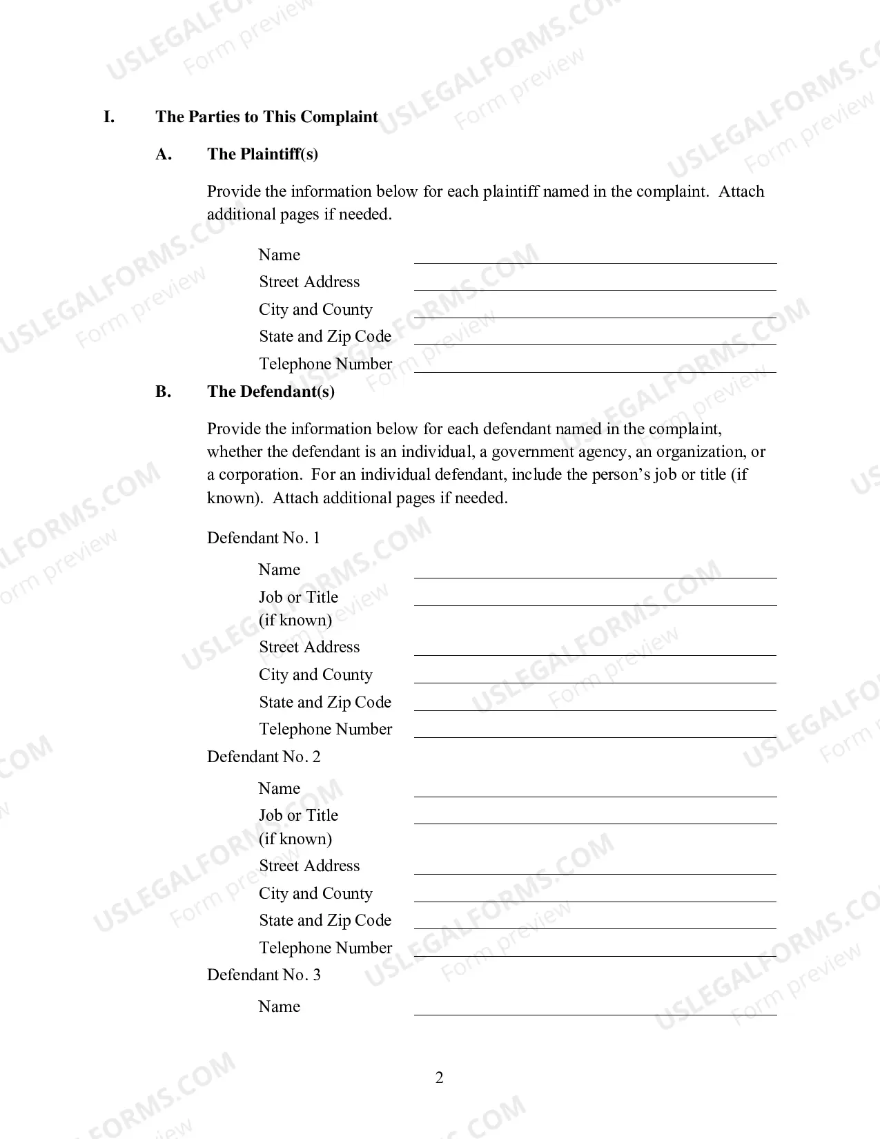 Preview Pro Se (Non Prisoner) Complaint Form