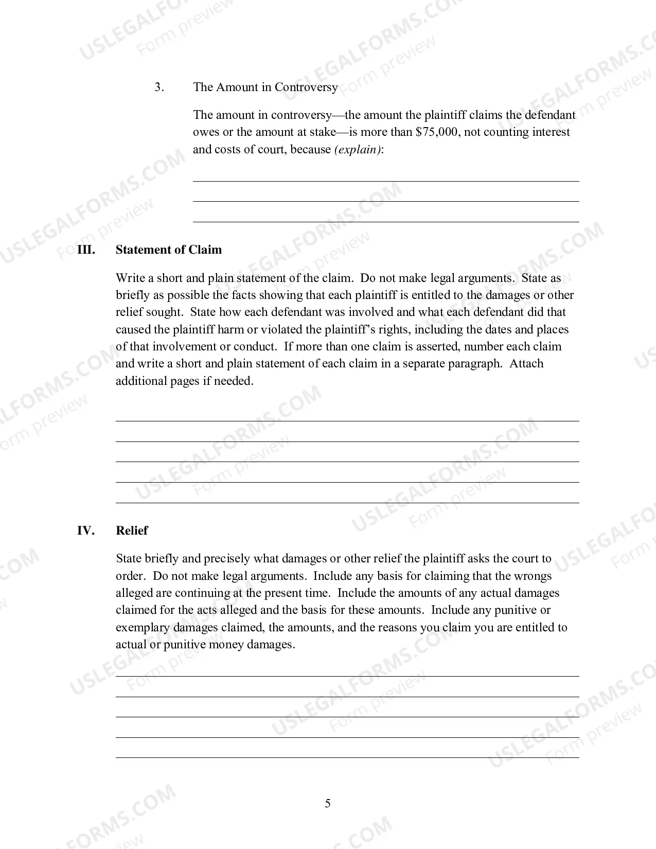 Preview Pro Se (Non Prisoner) Complaint Form