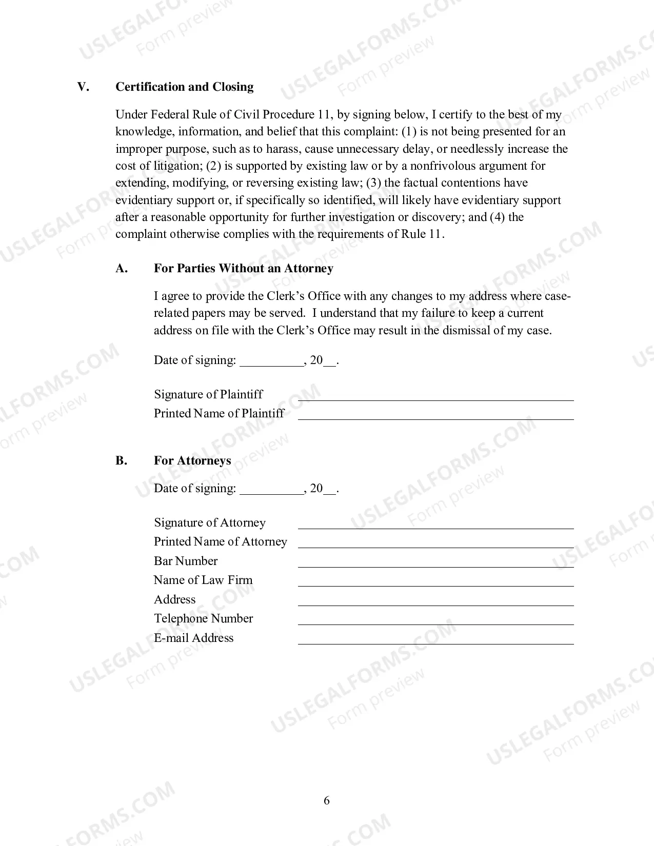 Preview Pro Se (Non Prisoner) Complaint Form