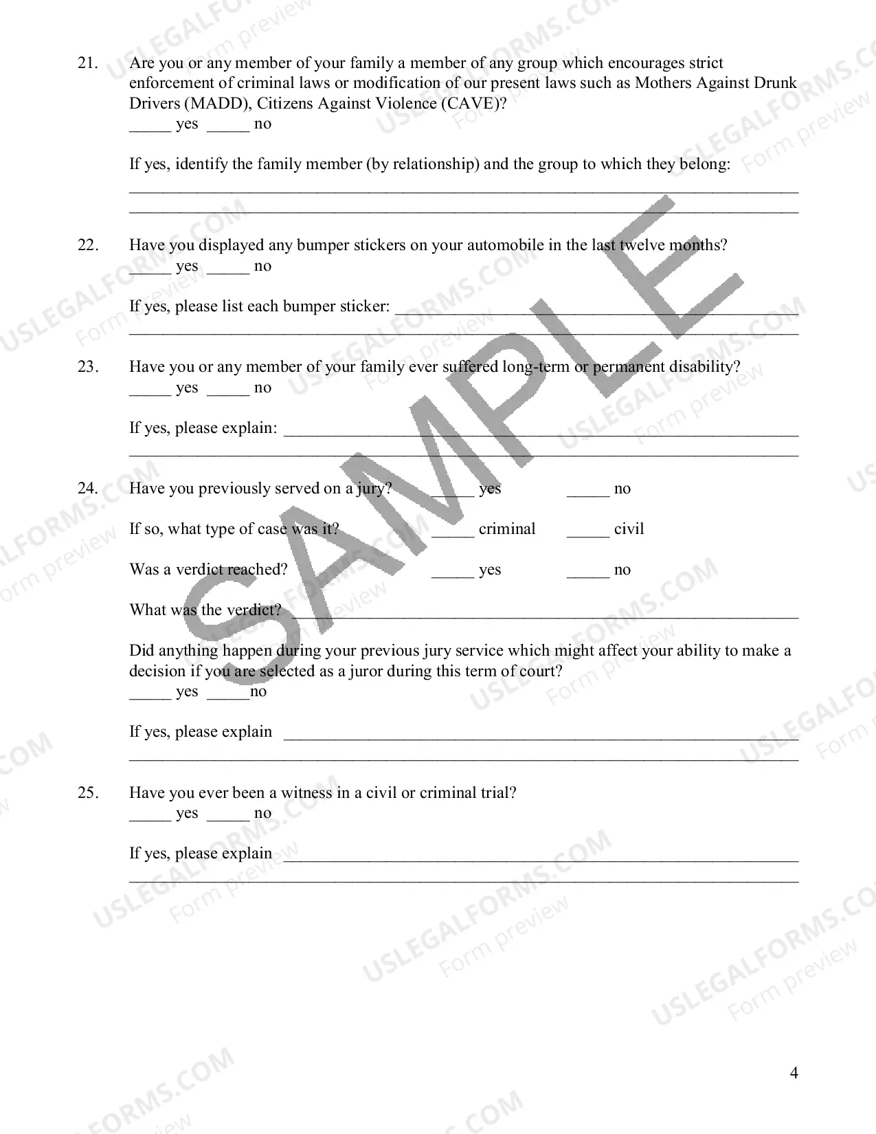 Preview Harwell Standard Juror Questionnaire Sample