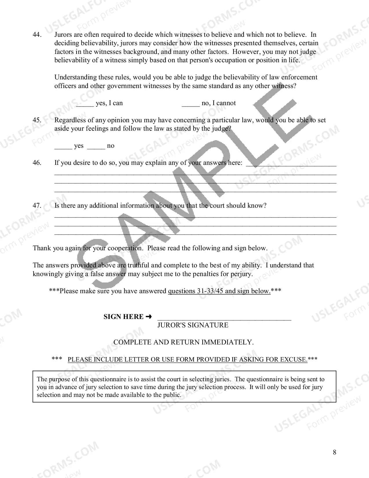Preview Harwell Standard Juror Questionnaire Sample