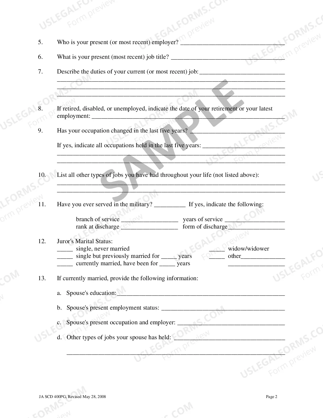 Preview Standard Voir Dire Questionnaire Sample