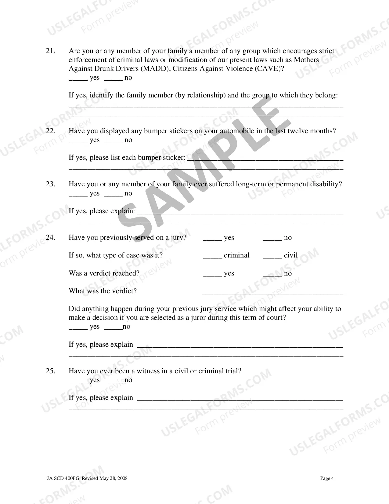 Preview Standard Voir Dire Questionnaire Sample