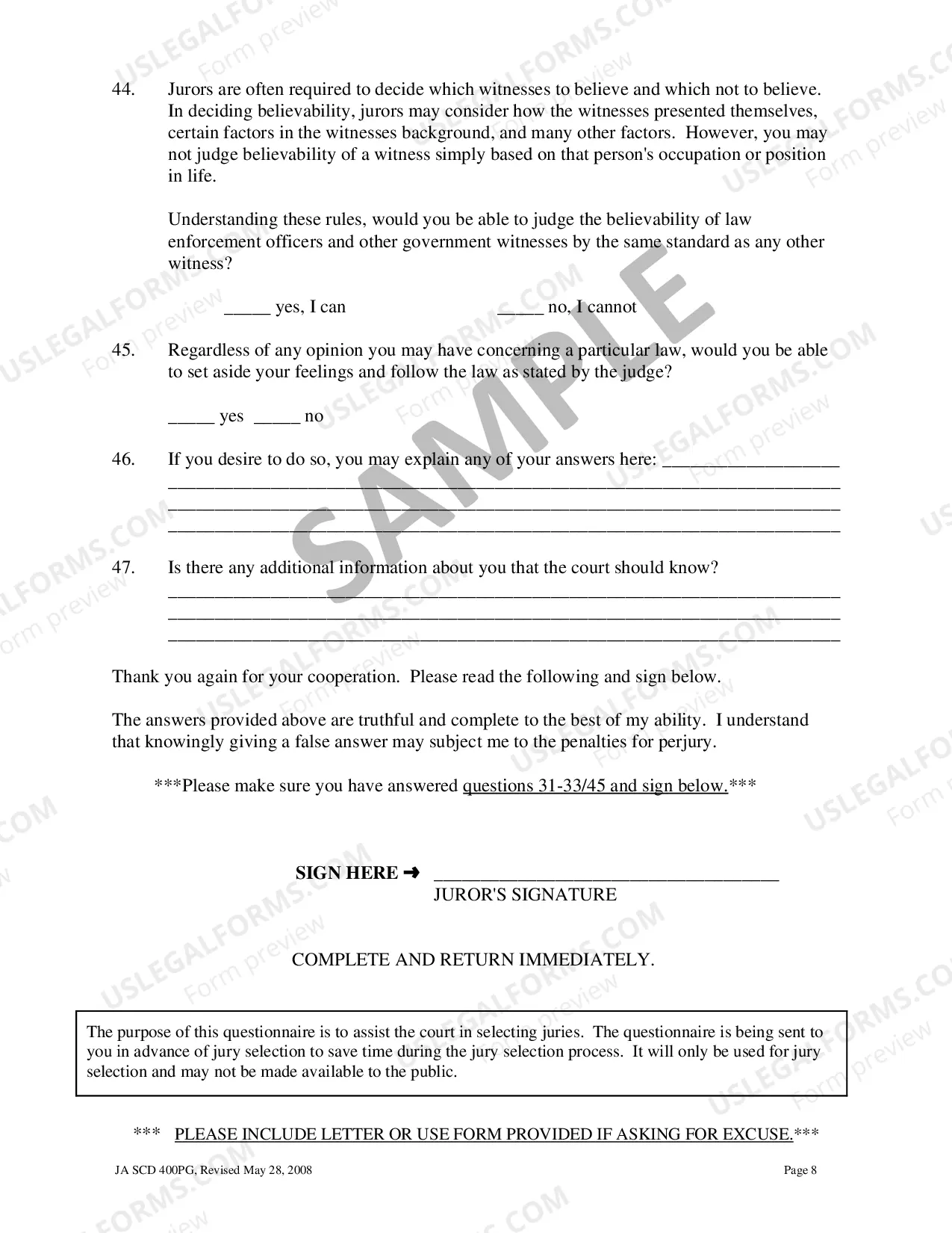 Preview Standard Voir Dire Questionnaire Sample