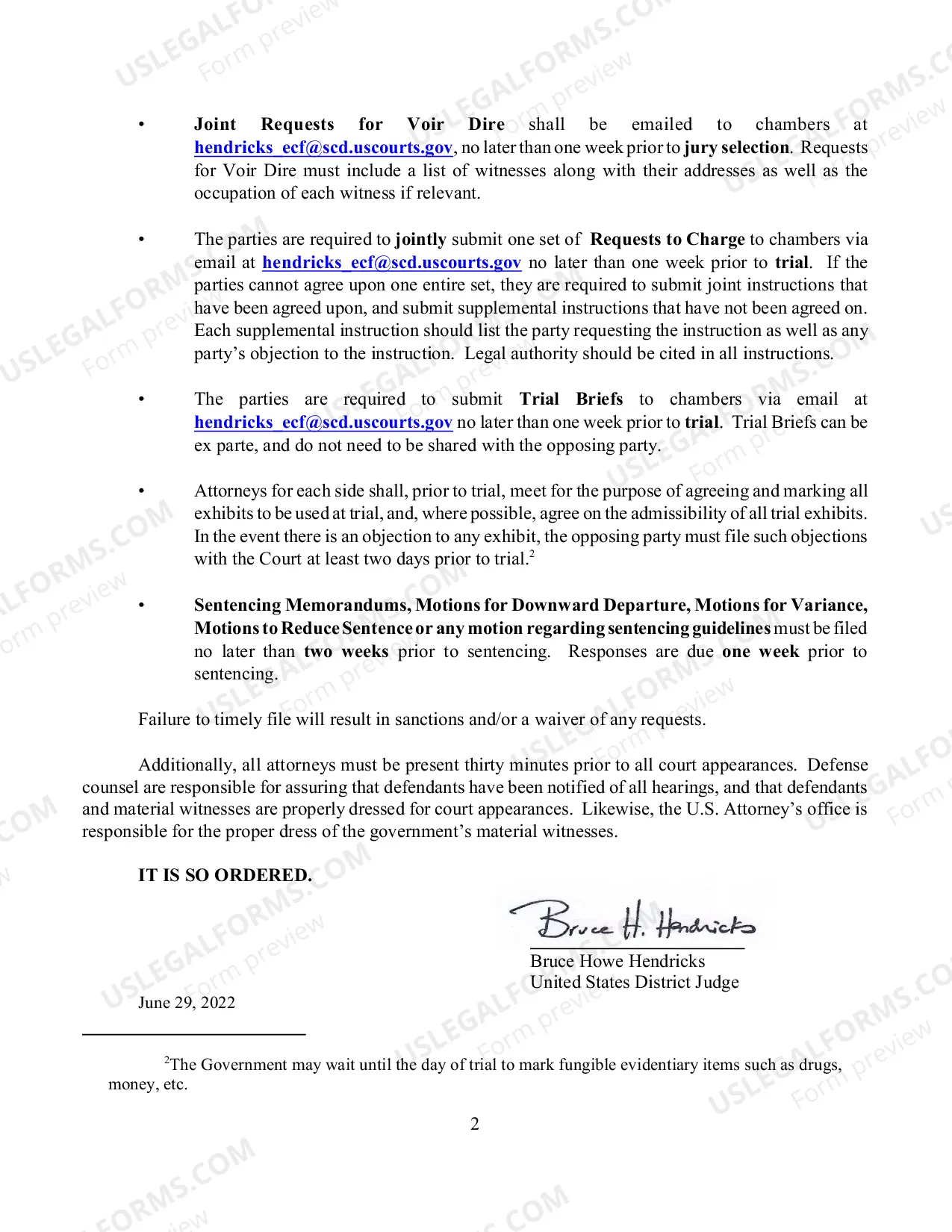 Preview Hendricks Standing Order in Criminal Cases