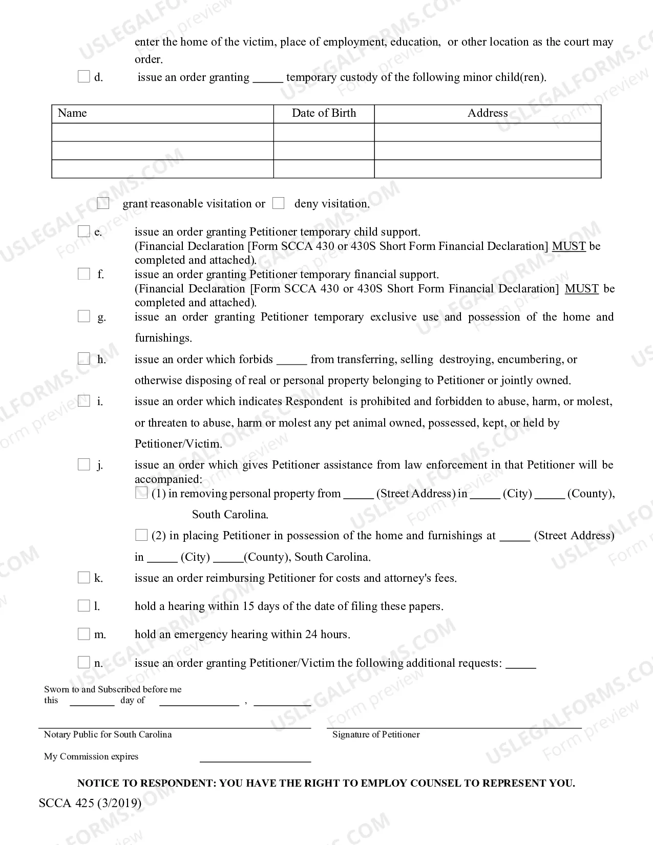 Preview Petition For Order of Protection