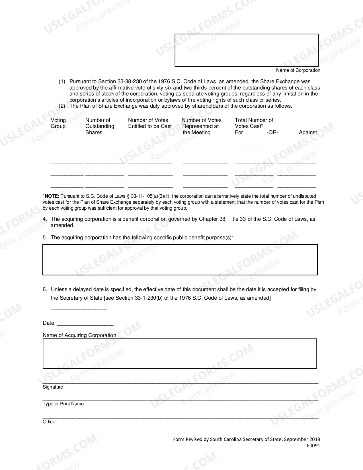 Preview Articles of Share Exchange Benefit Corporation