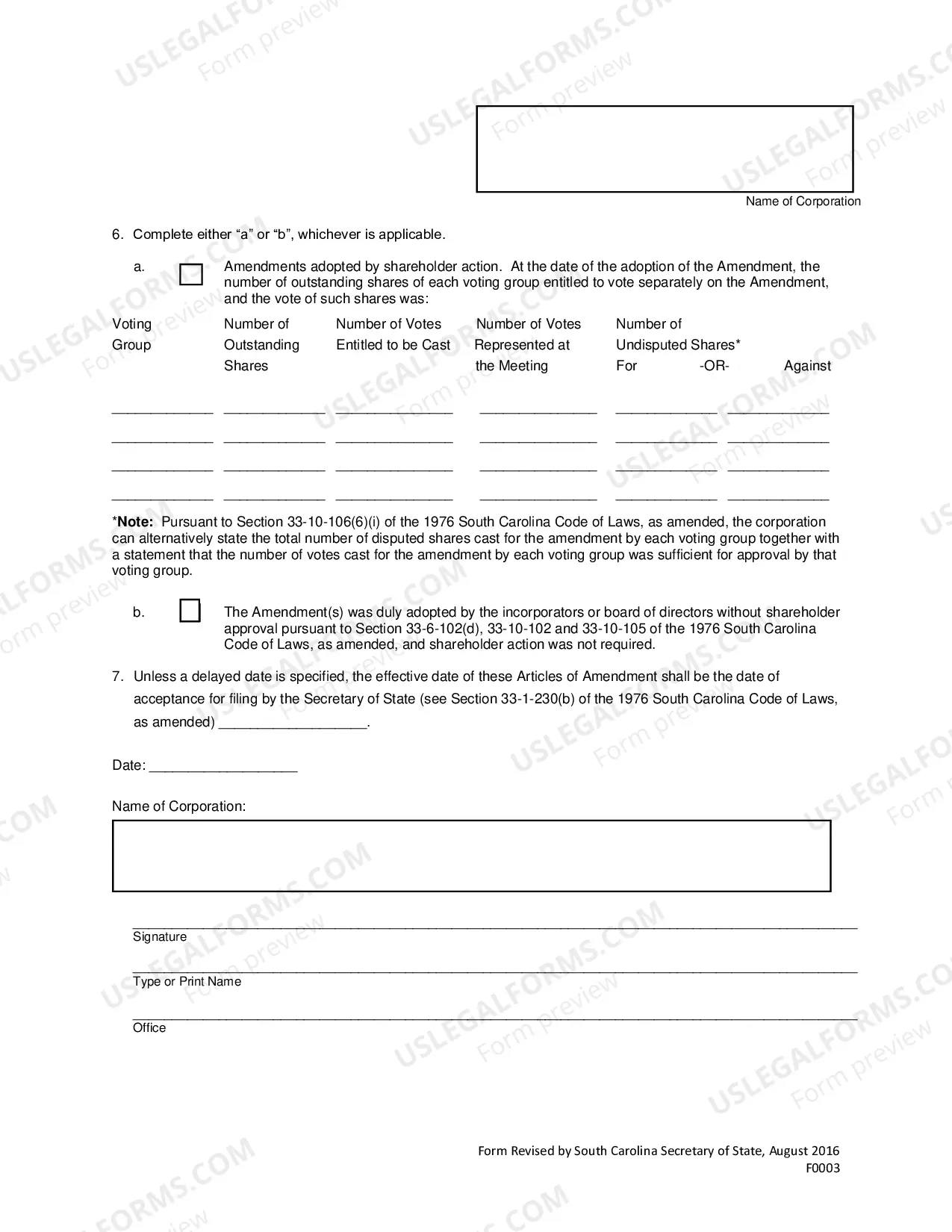 Preview Articles of Amendment (Domestic Corp)