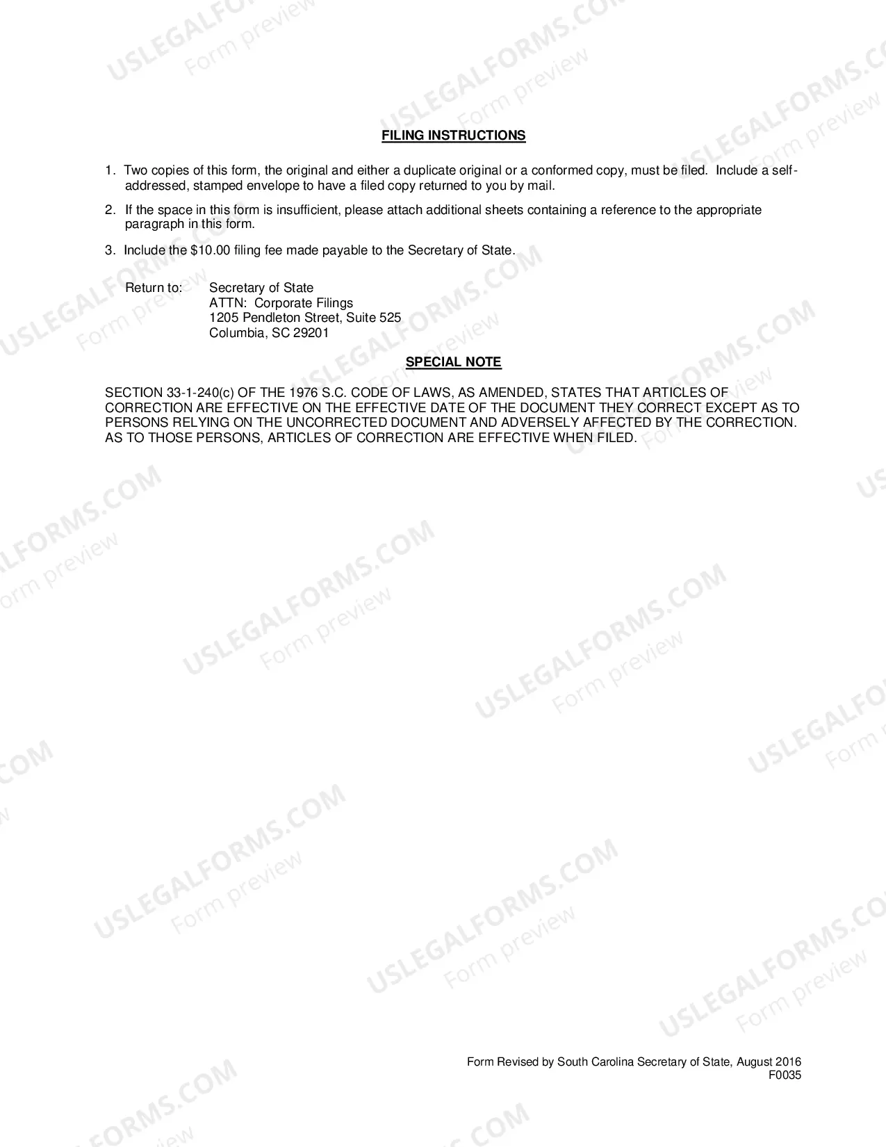 Preview Articles of Correction