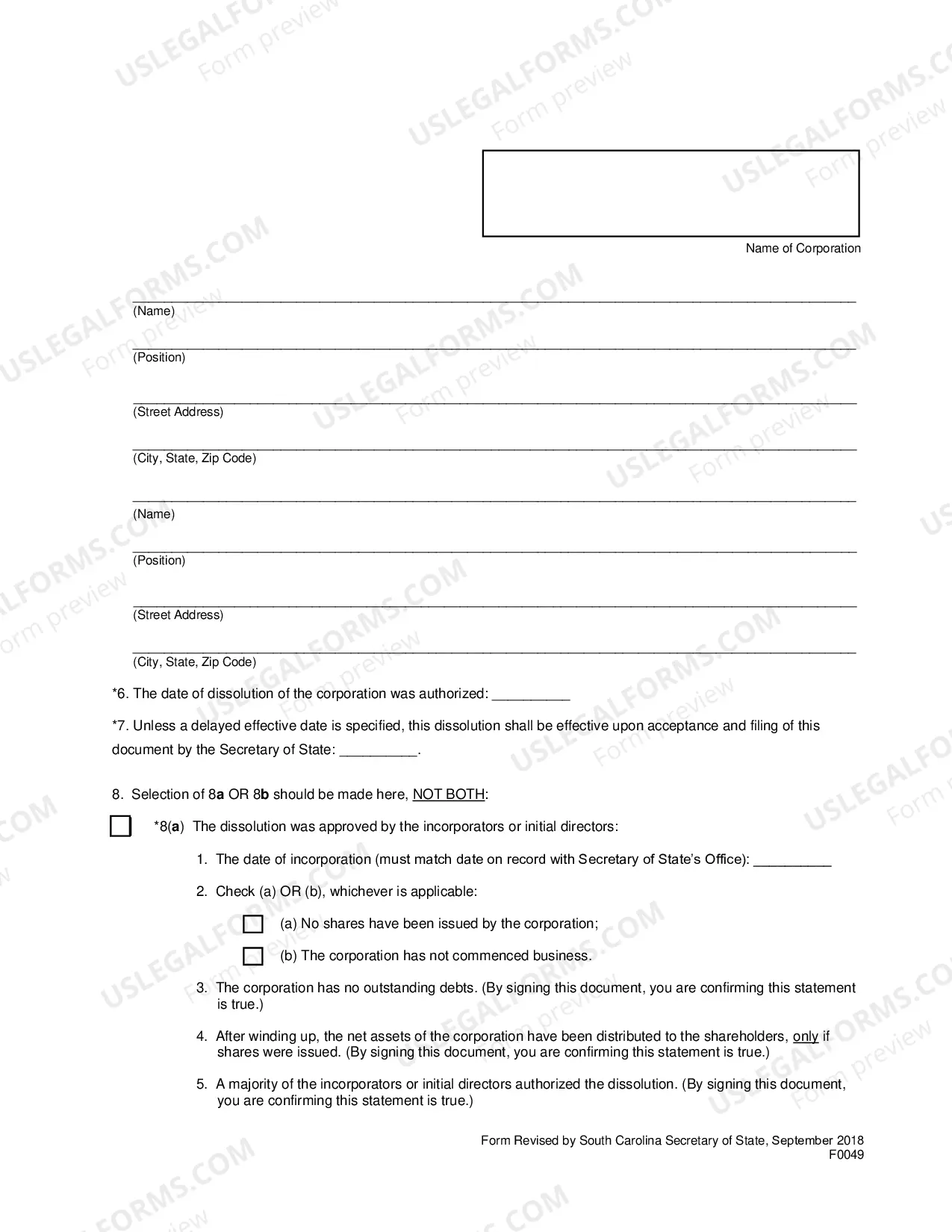 Preview Articles of Dissolution (Domestic Corp)