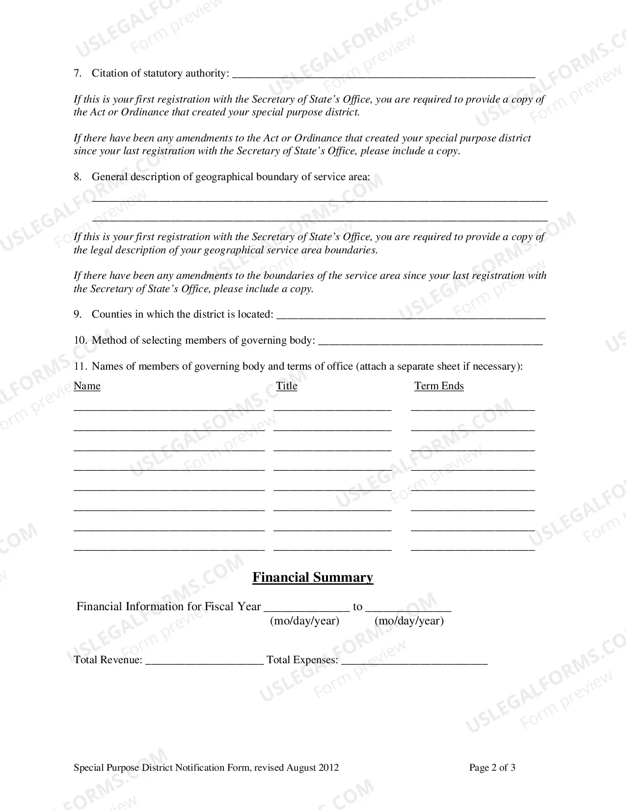 Preview Special Purpose District Notification Form