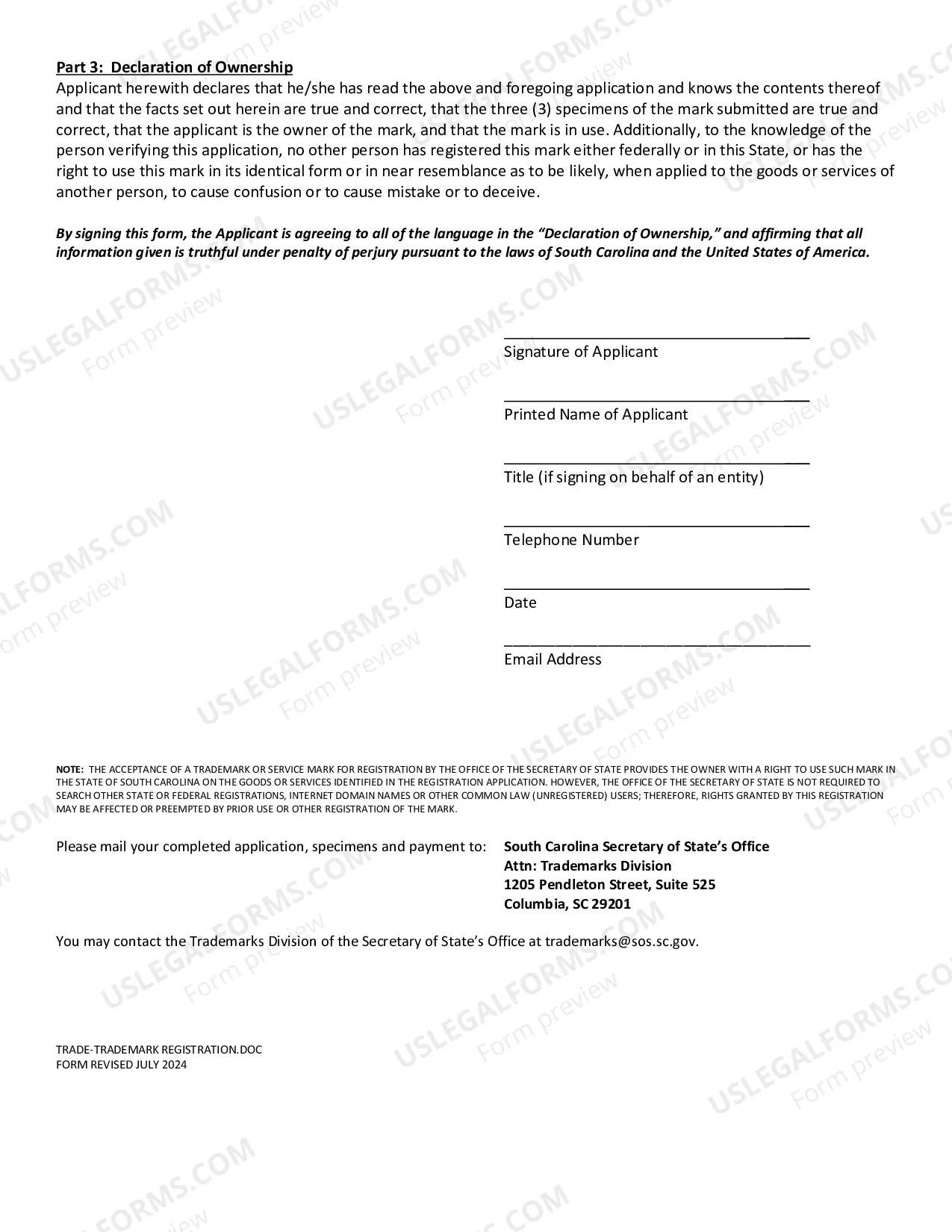 Preview Trademark and Service Mark Assignment Application (Assignment of A Trademark Or Servce Mark)