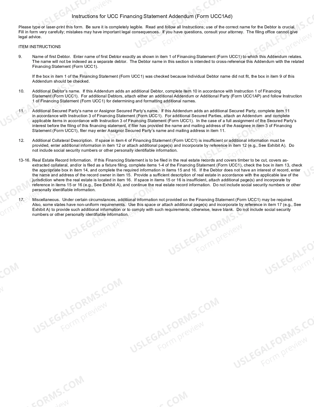 Preview UCC-1ad Financing Statement Addendum